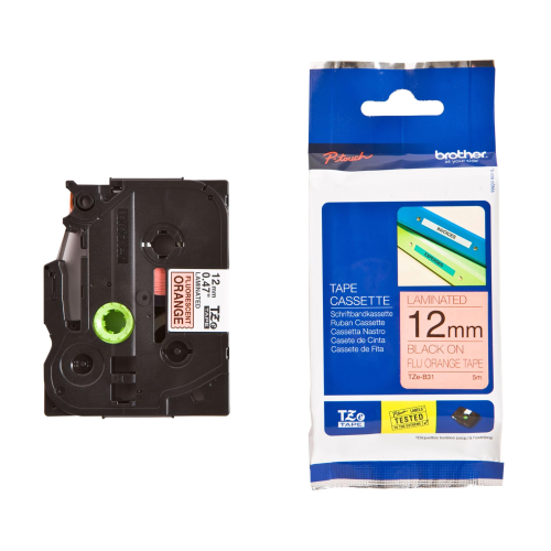 BROTHER TZE-B31 NASTRO LAMINATO 12MMx5MT COLORE ARANCIO FLUORESCENTE STAMPA NERO